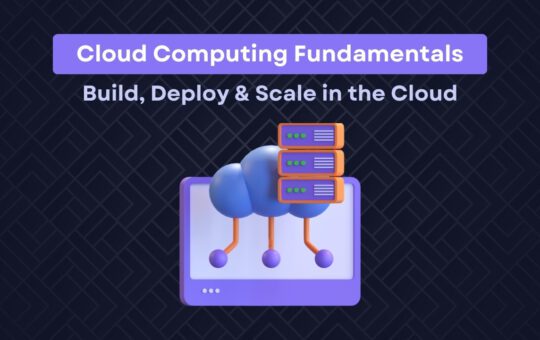 Illustration of cloud computing with servers and screen, labeled "Cloud Computing Fundamentals - Build, Deploy & Scale in the Cloud".