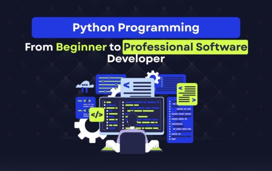 An illustrated graphic of a person programming at a desk surrounded by colorful code windows, gears, and script icons under the title “Python Programming – From Beginner to Professional Software Developer.”