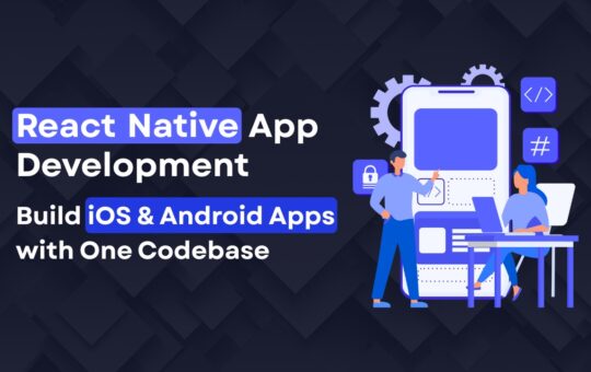 Illustration of two developers working on a React Native mobile app, showcasing cross-platform development.