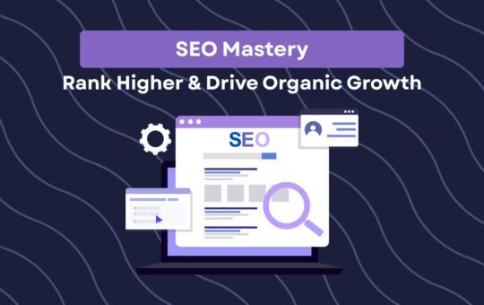 Illustration of an SEO-focused interface on a laptop screen with a magnifying glass, settings icon, and search-related windows, accompanied by the text "SEO Mastery – Rank Higher & Drive Organic Growth" on a dark wave-patterned background.