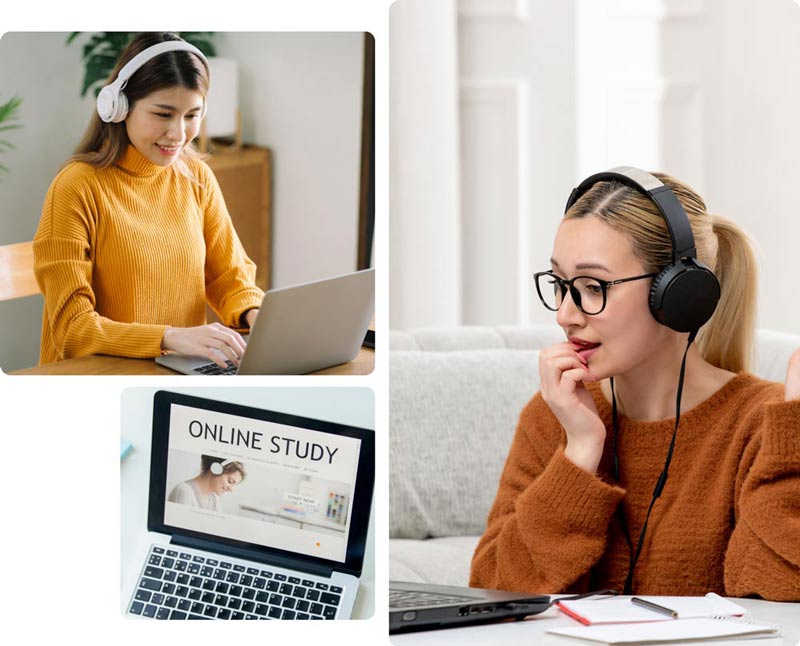 Female students using laptops and headphones for online study and remote learning at Visual Tech Institute.