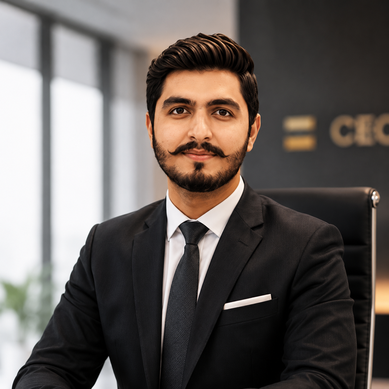 Professional CEO portrait of the founder wearing a black business suit and tie, seated in a modern office environment with a confident and approachable expression. Clean corporate style with soft background blur, suitable for a website “Meet the Founder” section.